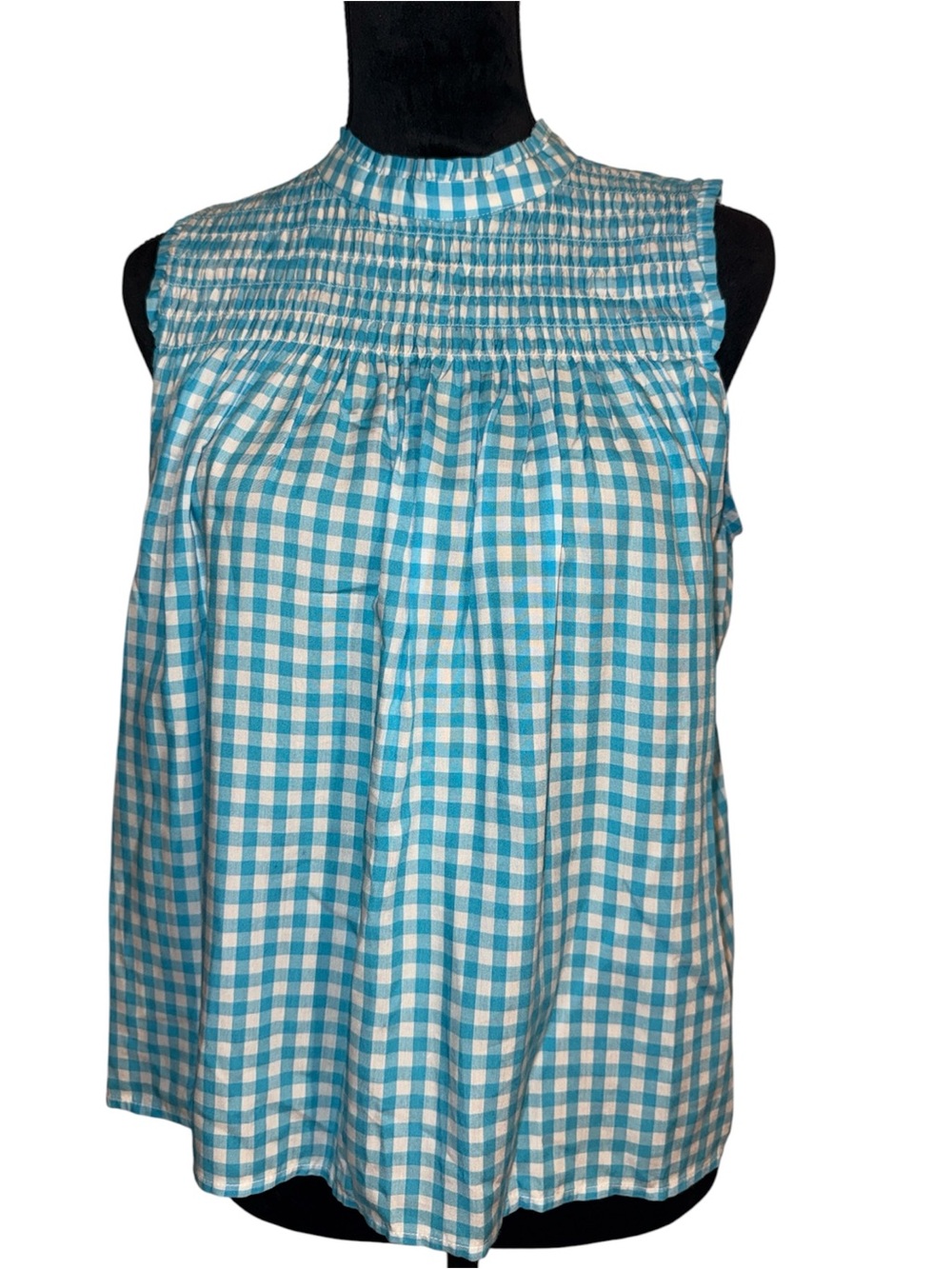 •CROWN&IVY•NWOT BLUE & WHITE GINGHAM SMOCKED SLEEVELESS BLOUSE SIZE PETITE SMALL